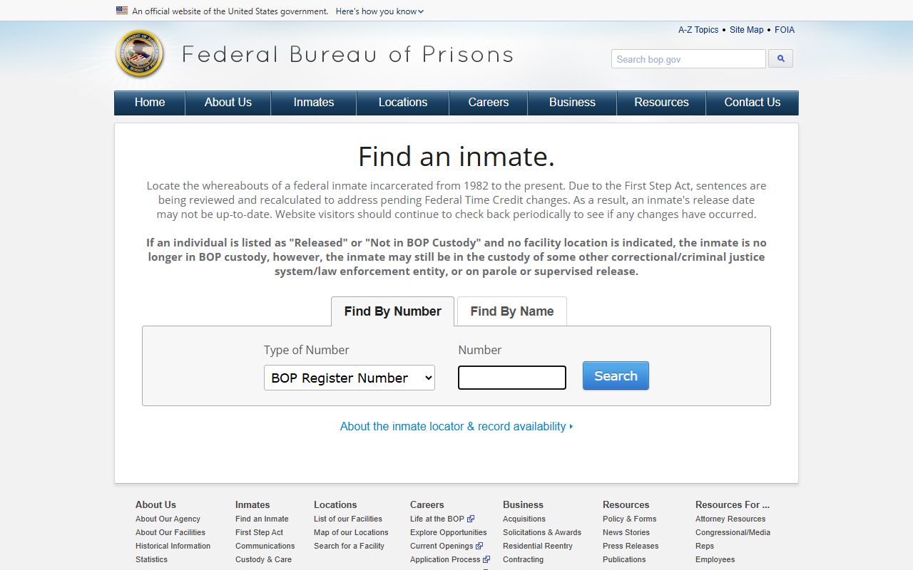 Federal Bureau of Prisons inmate locator search page with number and name tabs