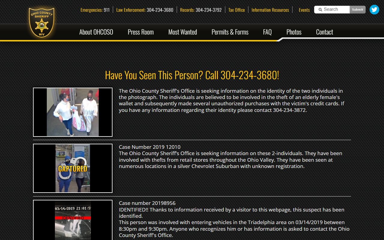 Ohio County Sheriff's Most Wanted page with selected public assistance notices